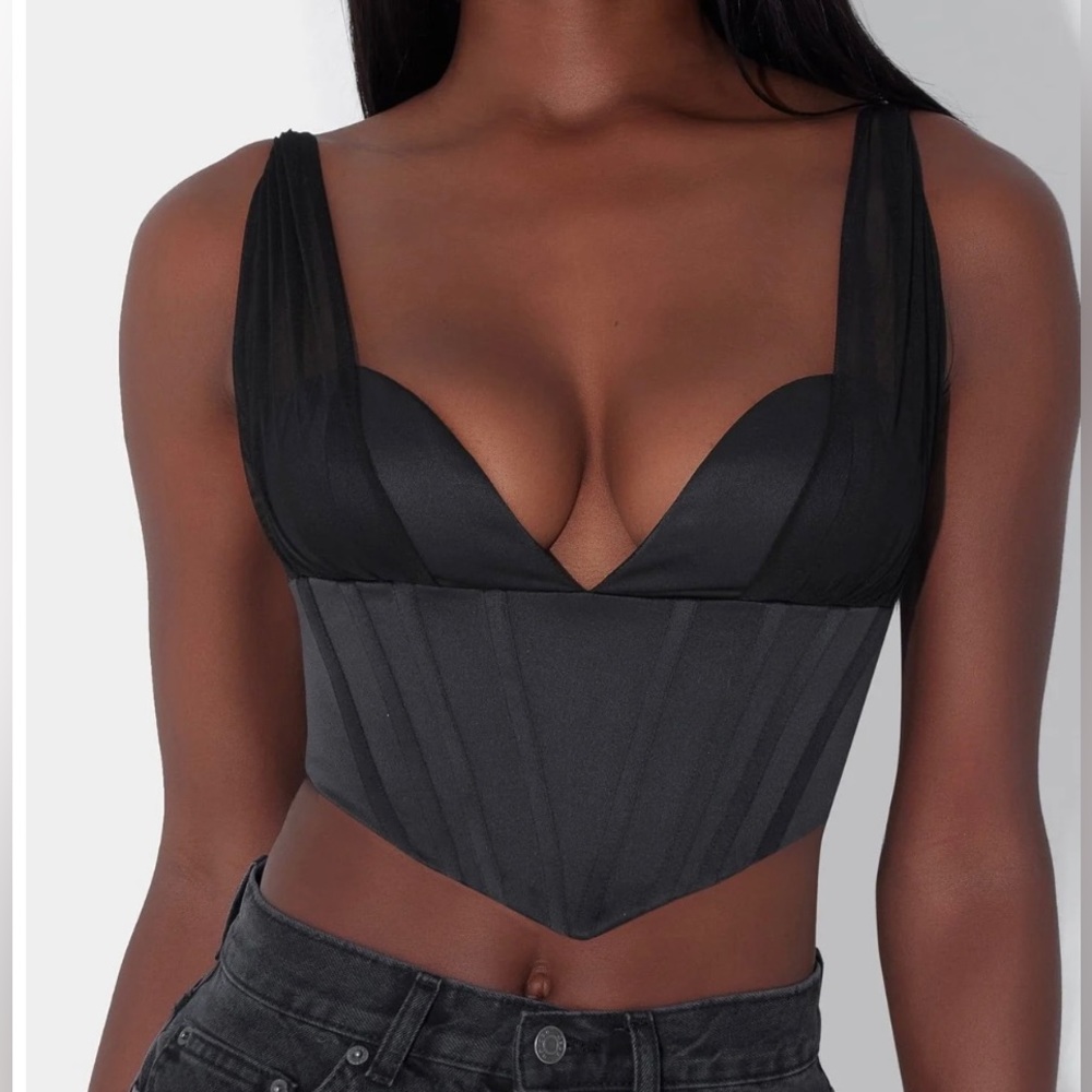 Leau Siren Satin Corset Crop Top Black Gem